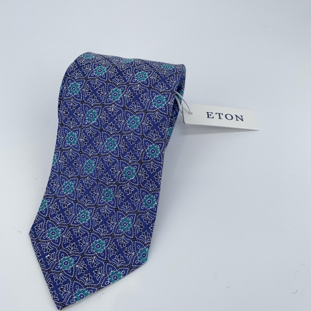 Eton‎ Tie Necktie Mens One Size Blue Silk Linen Floral Geometric Made Italy